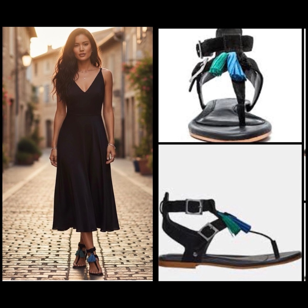 UGG Lecia Suede and Leather Black Sandals with Tassel/Fringe Accents Boho 6.5W